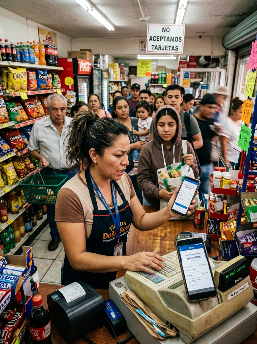 Cajera atendiendo con una fila de clientes esperando